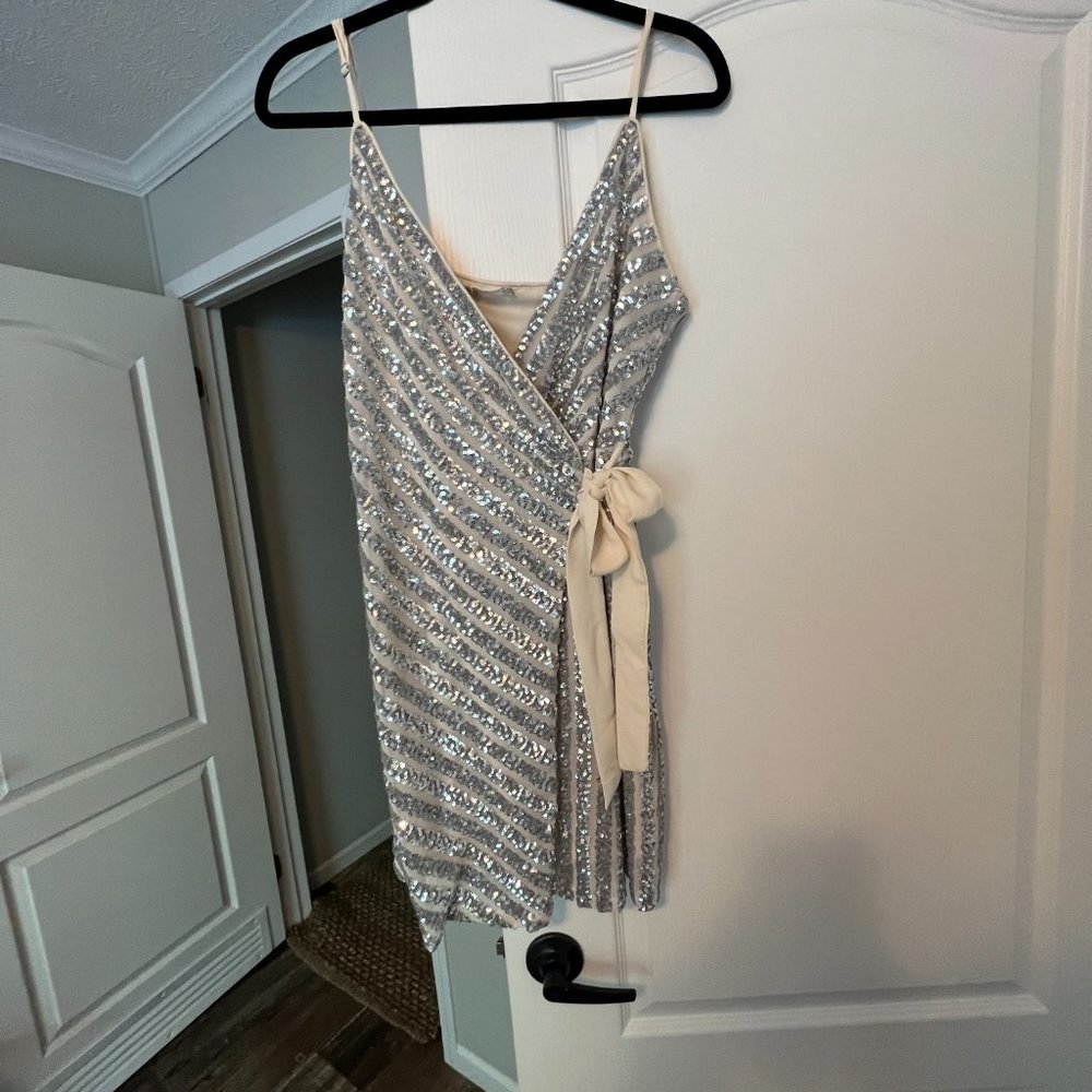 Silver sequin wrap mini cocktail dress - altar’d state